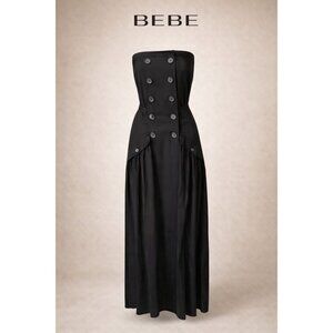 Bebe Silk Strapless Double Breasted Midi Dress Black Pleated Trench Style Size S